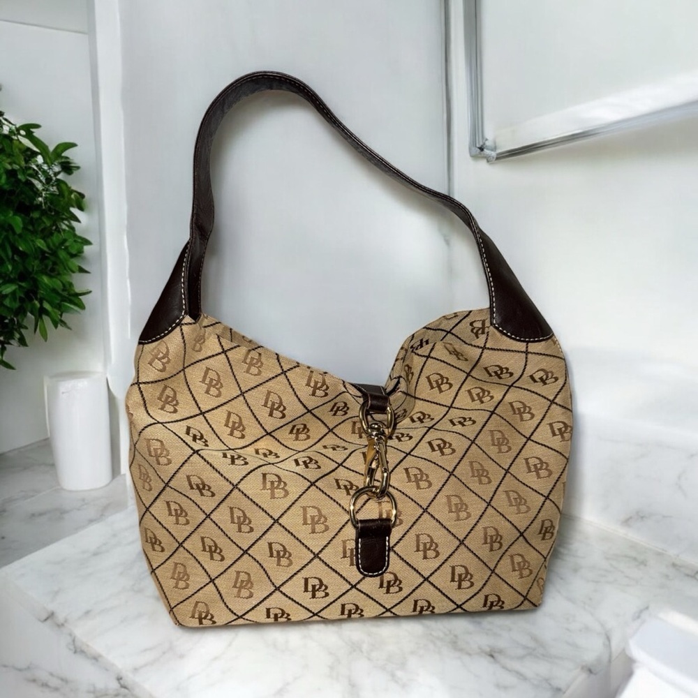 Dooney & Bourke Monogram Beige  with Dark Brown Trim Shoulder Bag